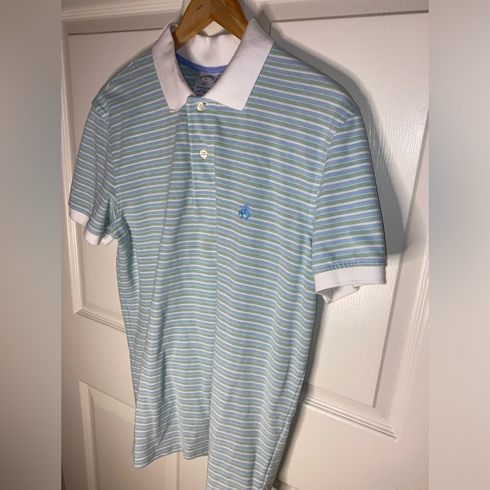Brooks Brothers Blue and Green Stripes Performance Polo Shirt, Slim Fit